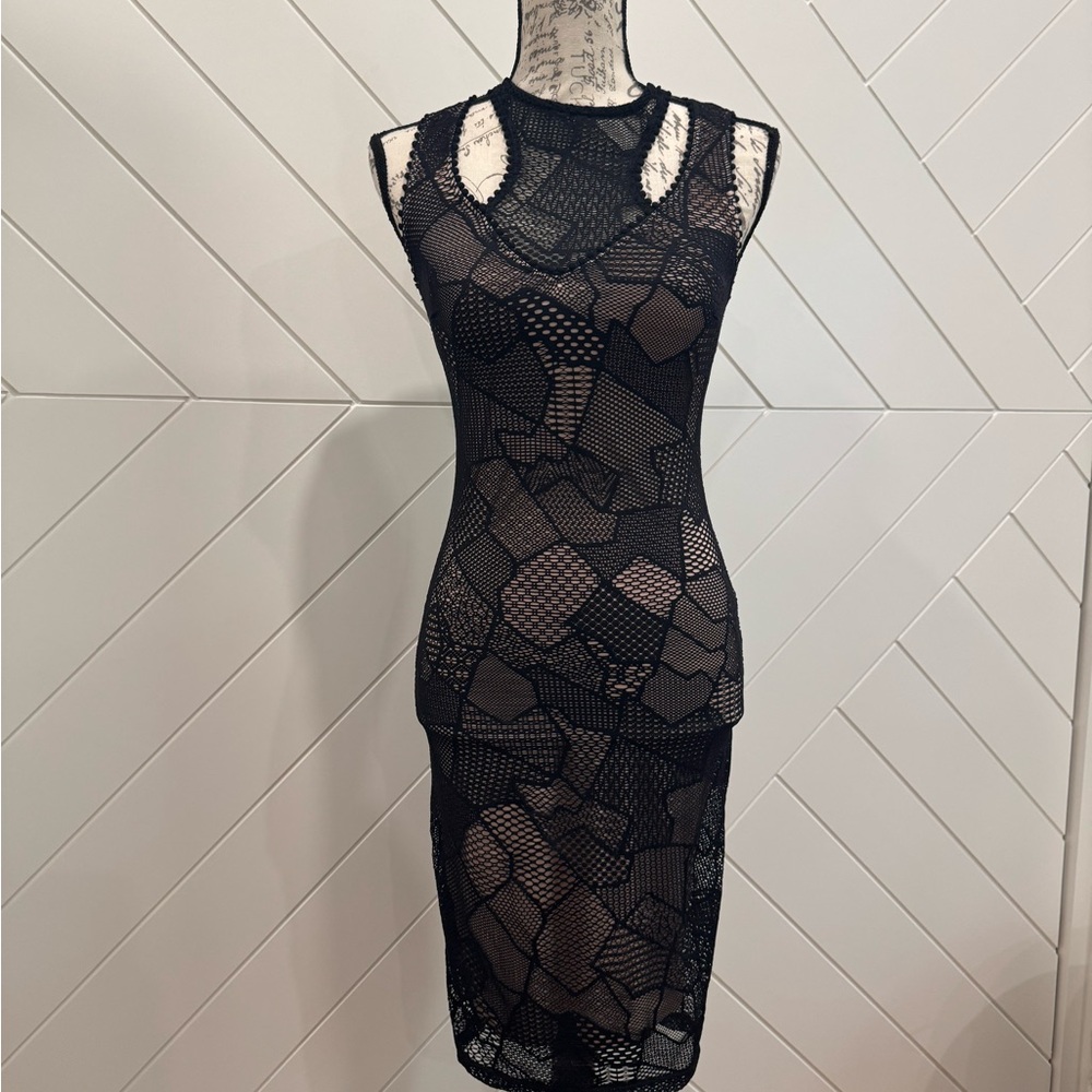 Mystic Black and Tan Mesh Midi Dress